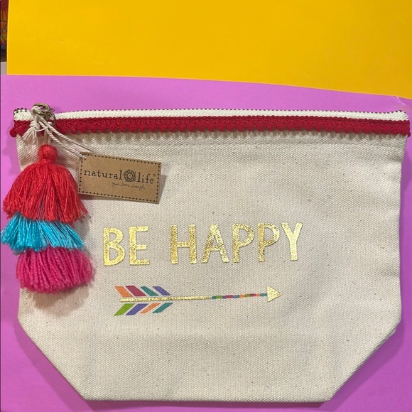 NATURAL LIFE BE HAPPY Cosmetic Bag or Catch All Pouch with 3 Tier Pom Pom Arrow - Picture 4 of 8